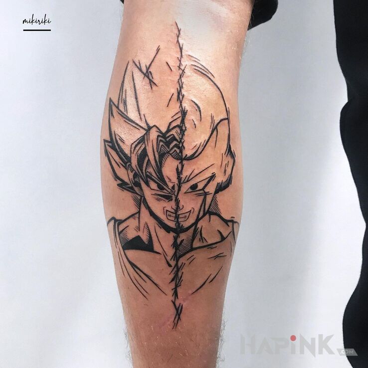 Tattoo DragonBall in characters motif and contour / linework style on the leg