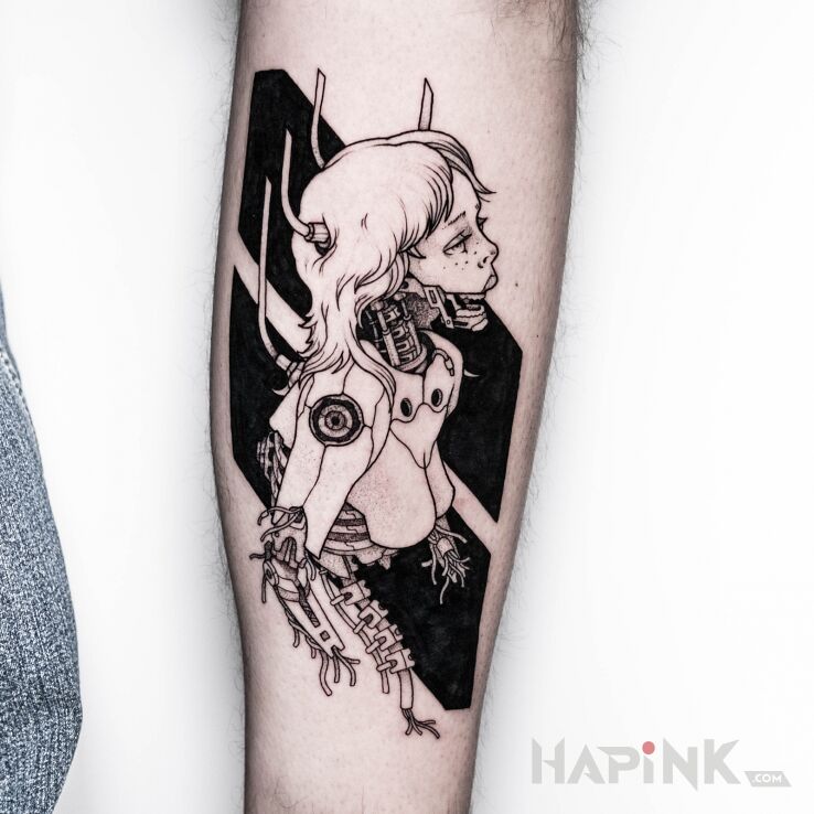 Tattoo Cyborg / Android / Kobieta in black and gray motif and graphic / illustrative style on the calf