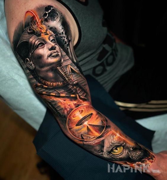 Tattoo Faraon i ufo in sleeves motif and realistic style on the upper arm