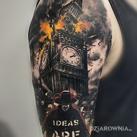 Tatuaż Ideas are bulletproof. Vendetta na ramieniu motyw: postacie styl: realistyczne