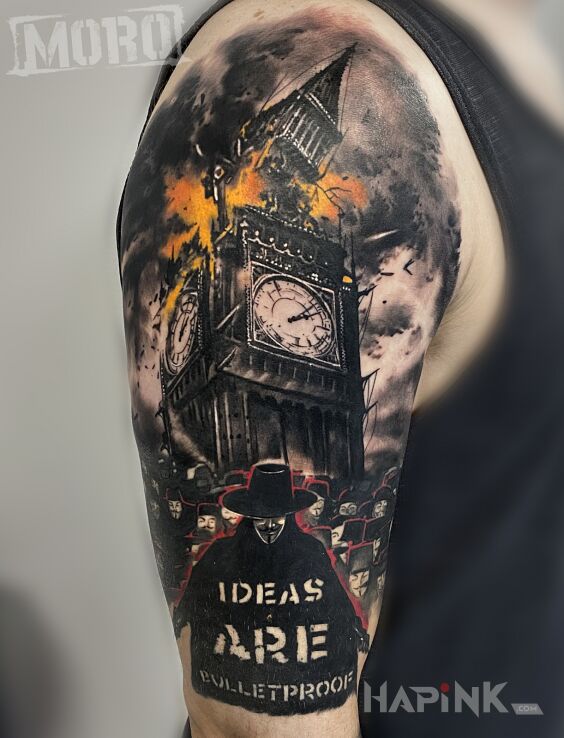 Tattoo Ideas are bulletproof. Vendetta in lettering motif and realistic style on the upper arm