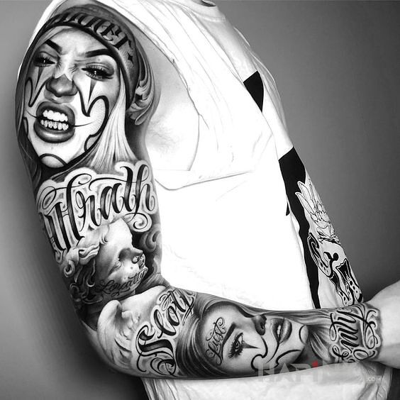 Tattoo Dziewczyny klauny in sleeves motif and realistic style on the forearm