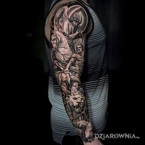 Tatuaż Koń i lew na przedramieniu motyw: czarno-szare styl: realistyczne
