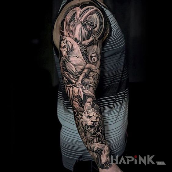 Tattoo Koń i lew in black and gray motif and realistic style on the forearm
