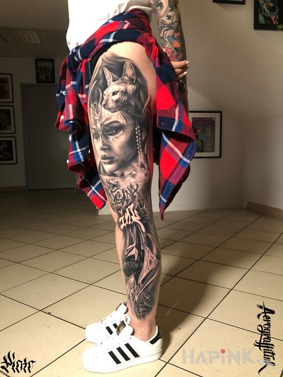 Tattoo Dla odważnych :) in legsleeves motif and realistic style on the knee