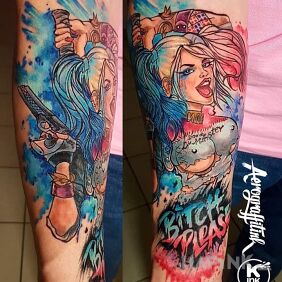 Tattoo Harley Quinn on the forearm motif: colorful style: cartoon / comic book