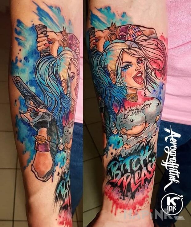 Tattoo Harley Quinn in lettering motif and Watercolor style on the forearm
