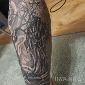 Tattoo Death on the calf motif: black and gray style: graphic / illustrative