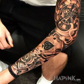 Tattoo Ace under the clock on the forearm motif: objects style: realistic
