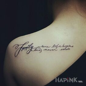Tattoo Family on the shoulder blades motif: lettering style: calligraphy