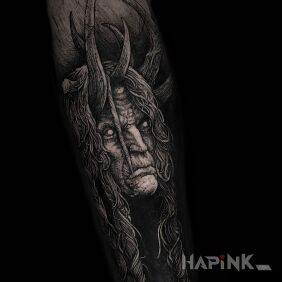 Tattoo Baba of the forest on the forearm motif: black and gray style: graphic / illustrative
