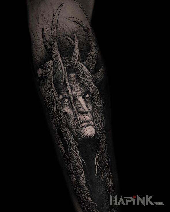 Tattoo Baba z lasu in black and gray motif and graphic / illustrative style on the forearm