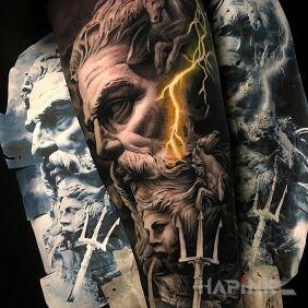 Tattoo Zeus or Poseidon? on the forearm motif: faces style: realistic