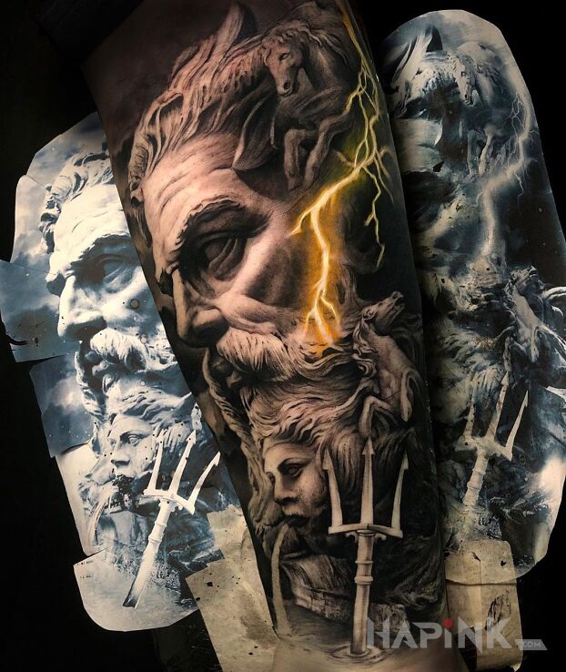 Tattoo Zeus czy posejdon? in faces motif and realistic style on the forearm