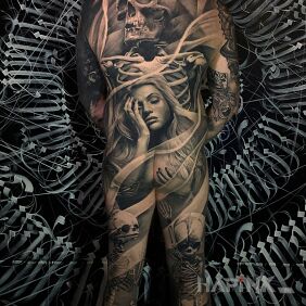 Tattoo Woman paired with a skeleton on the leg motif: skulls style: realistic