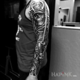 Tattoo Samurai Skeletor on the upper arm motif: skulls style: japanese / irezumi