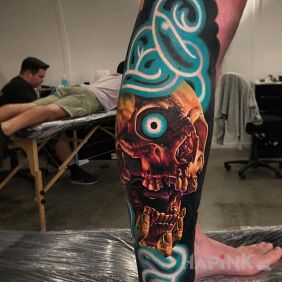Tattoo Lach eye on the tibia motif: 3D style: realistic