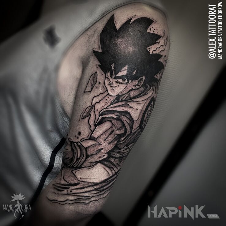 Tattoo Son goku in black and gray motif and dotwork style on the upper arm