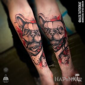 Tattoo French bulldog on the forearm motif: black and gray style: dotwork