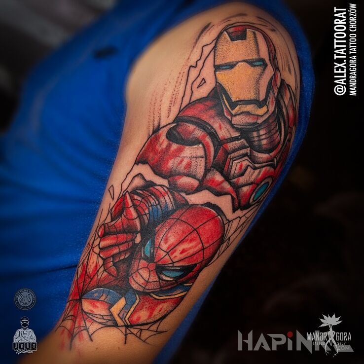 Tattoo Iron man i spiderman in characters motif and cartoon / comic book style on the upper arm