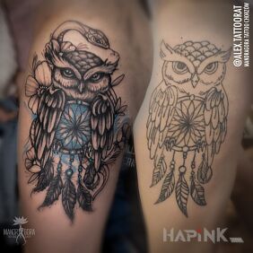 Tattoo Repaired Owl on the leg motif: flowers style: graphic / illustrative