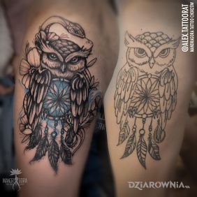 Tatuaż Naprawiona Sowa na nodze motyw: kwiaty styl: graficzne / ilustracyjne