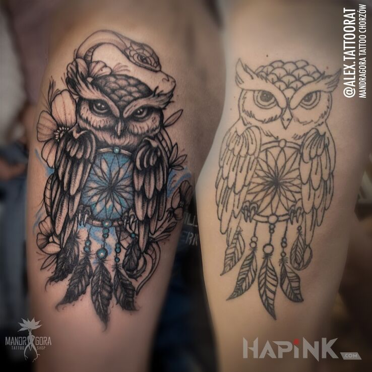 Tattoo Naprawiona Sowa in cover-up motif and graphic / illustrative style on the leg