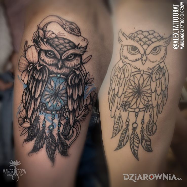 Tatuaż naprawiona sowa w motywie cover up i stylu graficzne / ilustracyjne na nodze
