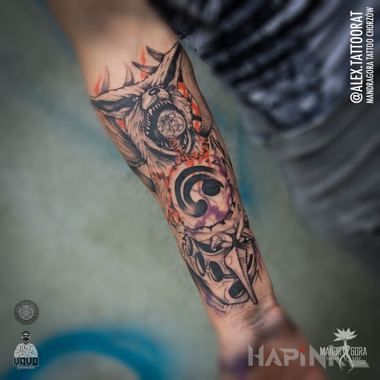 Tattoo Kurama i Susanoo in characters motif and graphic / illustrative style on the forearm