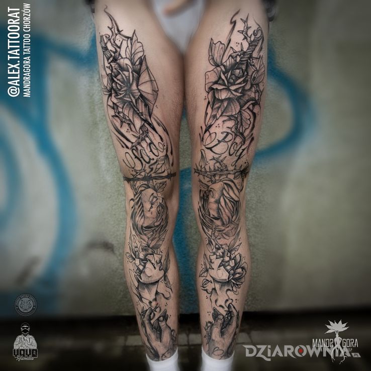 Tatuaż nogi w motywie twarze i stylu graficzne / ilustracyjne na nodze