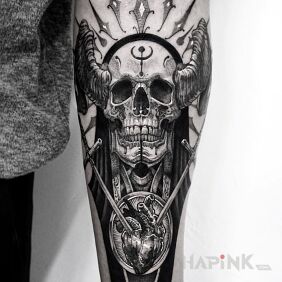 Tattoo Daggers in the heart on the forearm motif: black and gray style: realistic