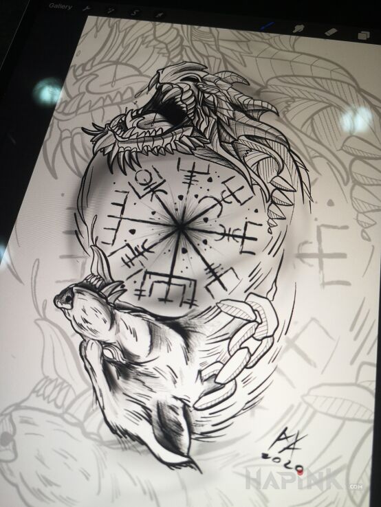 Designs jormungandr z fenrirem - dotwork