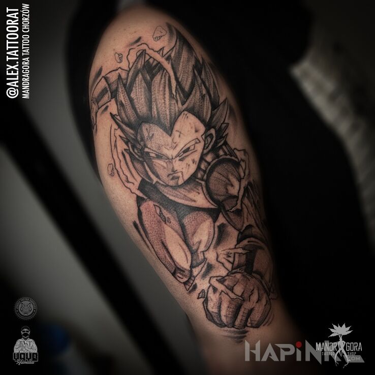 Tattoo Vegeta Dragon Ball in characters motif and dotwork style on the upper arm