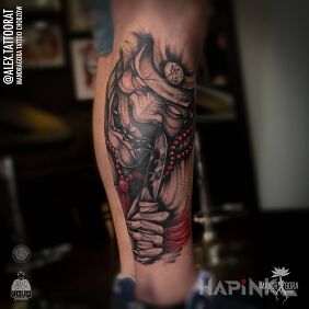 Tattoo Cover trybala - Hannya on the calf motif: black and gray style: japanese / irezumi