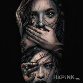 Tattoo Beautiful girl on the upper arm motif: black and gray style: realistic