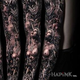 Tattoo Sleeve straight from hell on the forearm motif: sleeves style: realistic