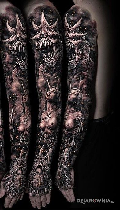 Tatuaż rękaw prosto z piekła w motywie demony i stylu realistyczne na przedramieniu