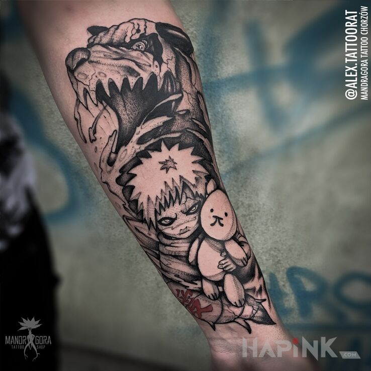 Tattoo Gaara wraz z Shukkaku in demons motif and dotwork style on the forearm