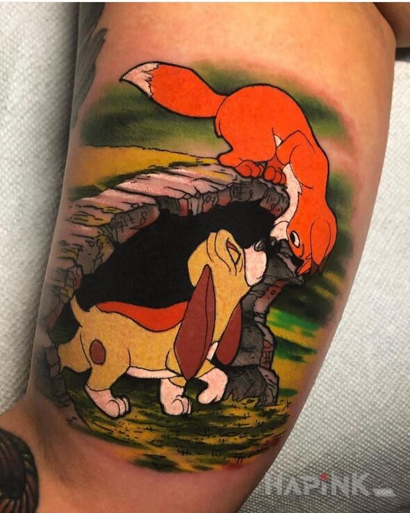 Tattoo Baja in animals motif and cartoon / comic book style on the upper arm