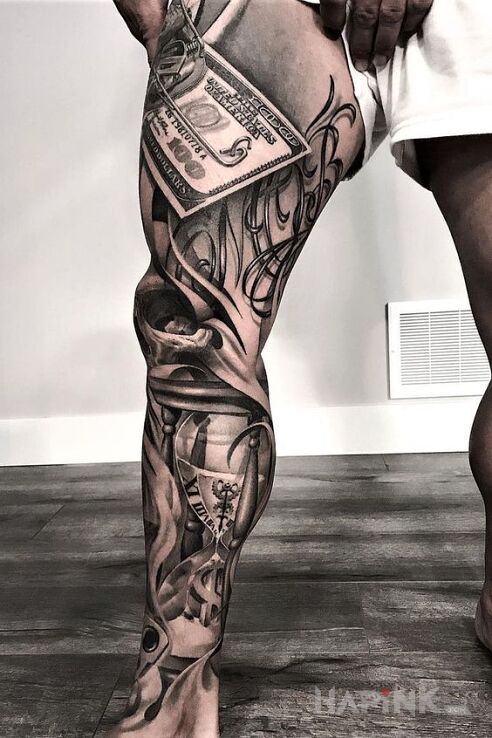 Tattoo Klepsydra in objects motif and realistic style on the leg