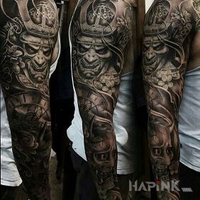 Tattoo Fearsome samurai on the upper arm motif: characters style: realistic