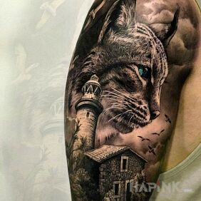 Tattoo Tomcat on the upper arm motif: 3D style: realistic