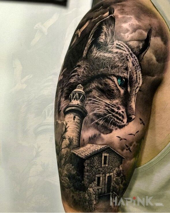 Tattoo Kocur in 3D motif and realistic style on the upper arm
