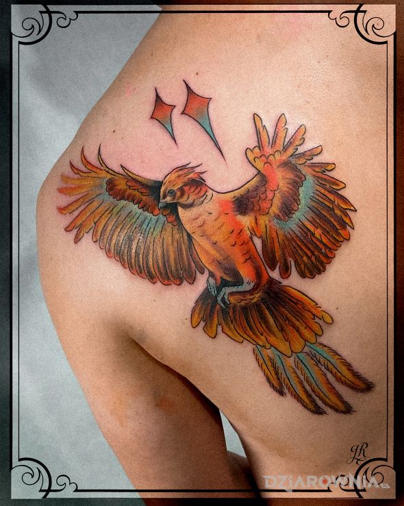 Tatuaż feniks w motywie zwierzęta i stylu graficzne / ilustracyjne na plecach