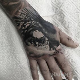 Tattoo Cover - animal eye on the hand motif: black and gray style: realistic