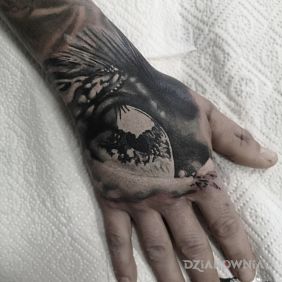 Tatuaż Cover - oko zwierzęcia na dłoni motyw: czarno-szare styl: realistyczne