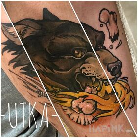 Tattoo Wolf on the leg motif: colorful style: neo-traditional