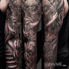 Tattoo Archangel with a lion on the forearm motif: angels style: graphic / illustrative