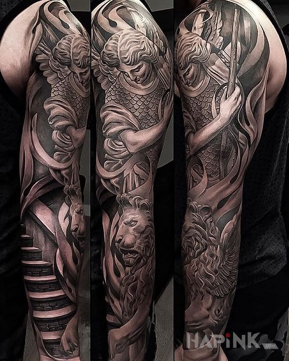 Tattoo Archanioł z lwem in sleeves motif and graphic / illustrative style on the upper arm