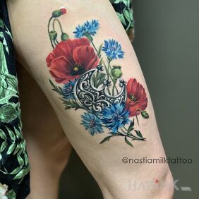 Tattoo Field flowers with lunula on the leg motif: objects style: realistic